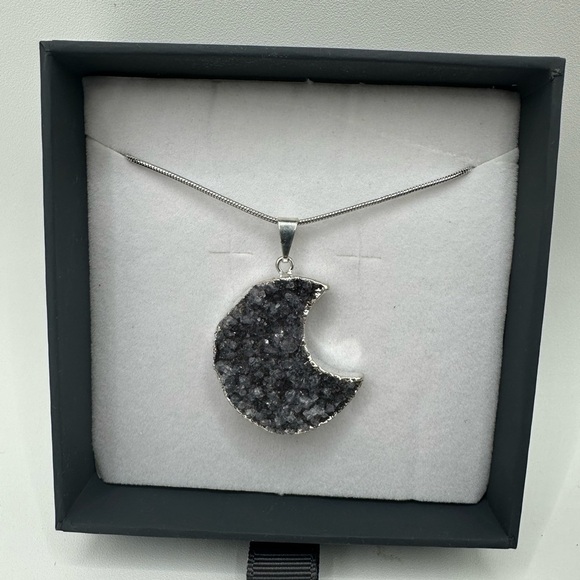 Silver Plated Druzy Amethyst Crescent Moon Pendant Necklace on Snake Chain - Picture 5 of 6